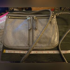Fossil Erin Grey Metallic Silver Cow Hide Leather Suede Crossbody Handbag